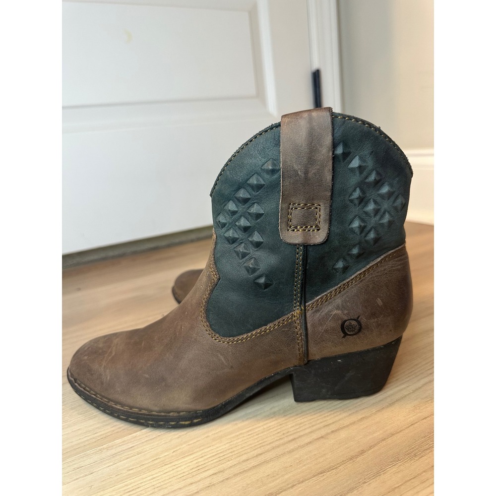 Born Jin Womens 8.5 Leather Ankle Boots‎ Brown Studded Western Booties Side Zip
